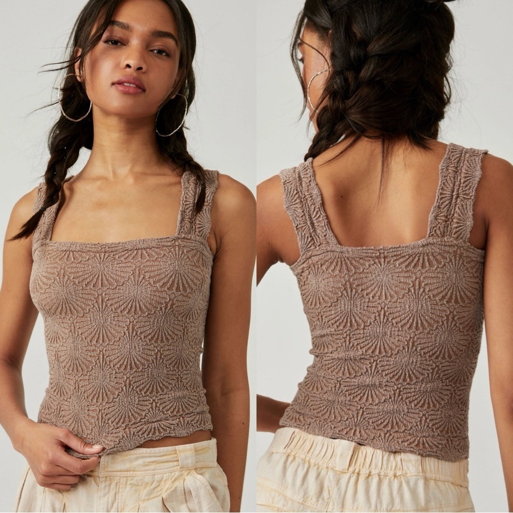 Free People Textured Knit Tank | Size M/L | Taupe Square Neck Boho Top